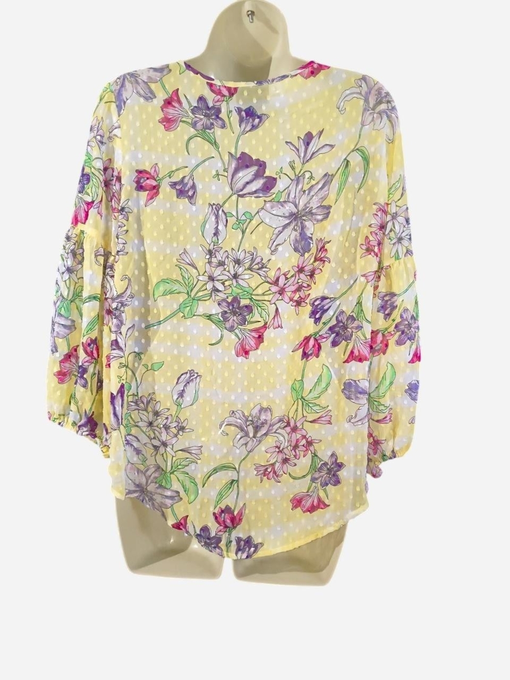 Liz Claiborne Yellow Floral Tie-Front Peasant Blouse with Purple & Pink Flowers - Picture 2 of 3